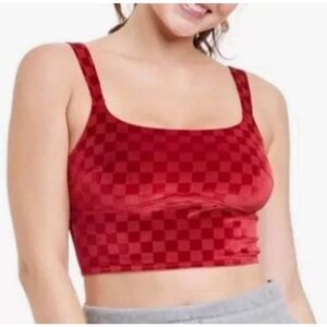 Colsies Red Checkered Partial Mesh Bralette Crop Top Velour NWT US M